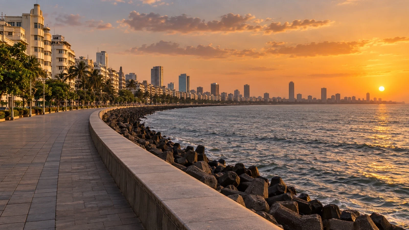 Curving Marine Drive promenade beside the Arabian Sea in Mumbai