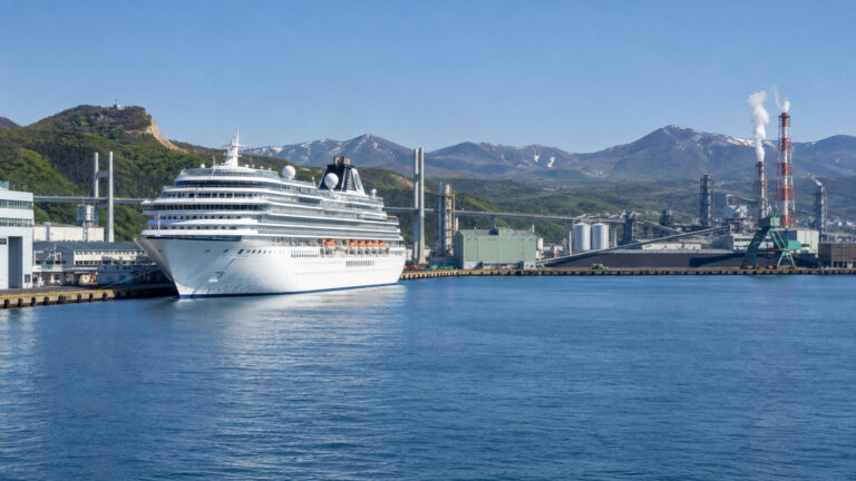Cruise ship at Muroran's industrial harbor in Hokkaido