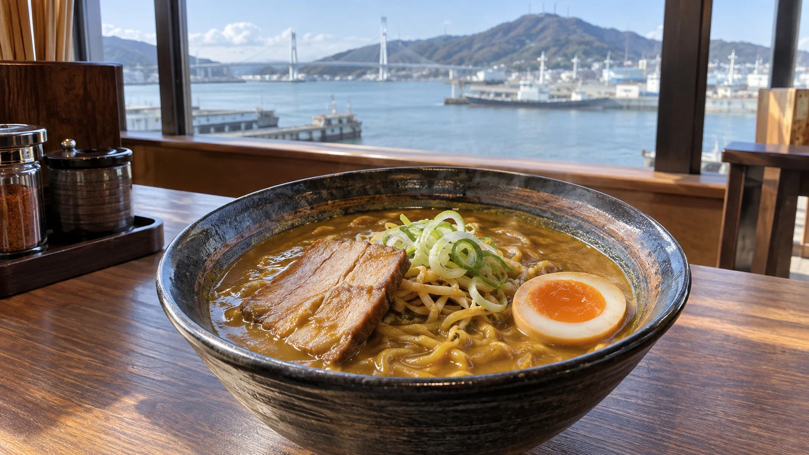Muroran curry ramen bowl on a restaurant table without people