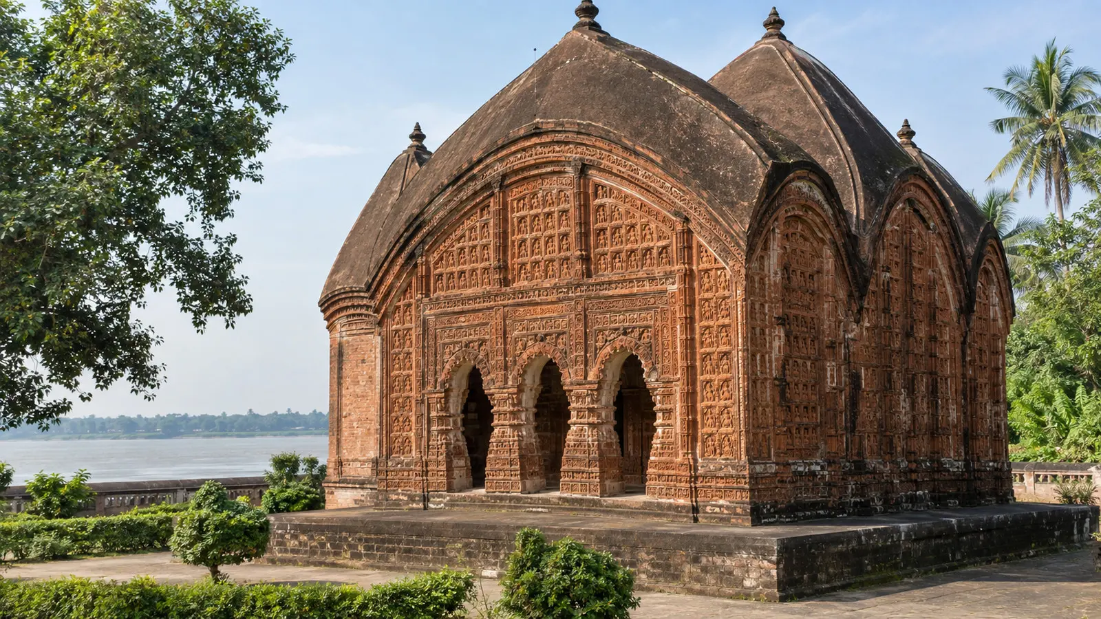 Ornately carved terracotta facade of a Char Bangla temple at Baranagar