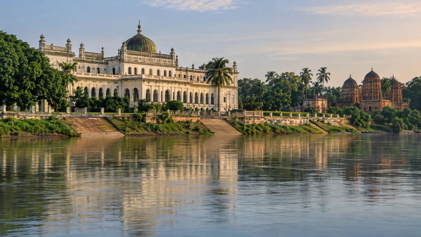 View of Nizamat Imambara and the waterfront ensemble near Murshidabad and Baranagar