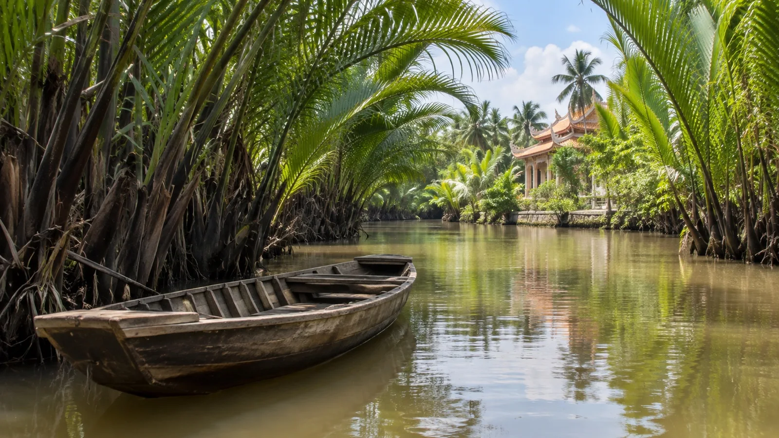 Empty wooden sampan on a narrow palm-lined Mekong Delta canal near My Tho
