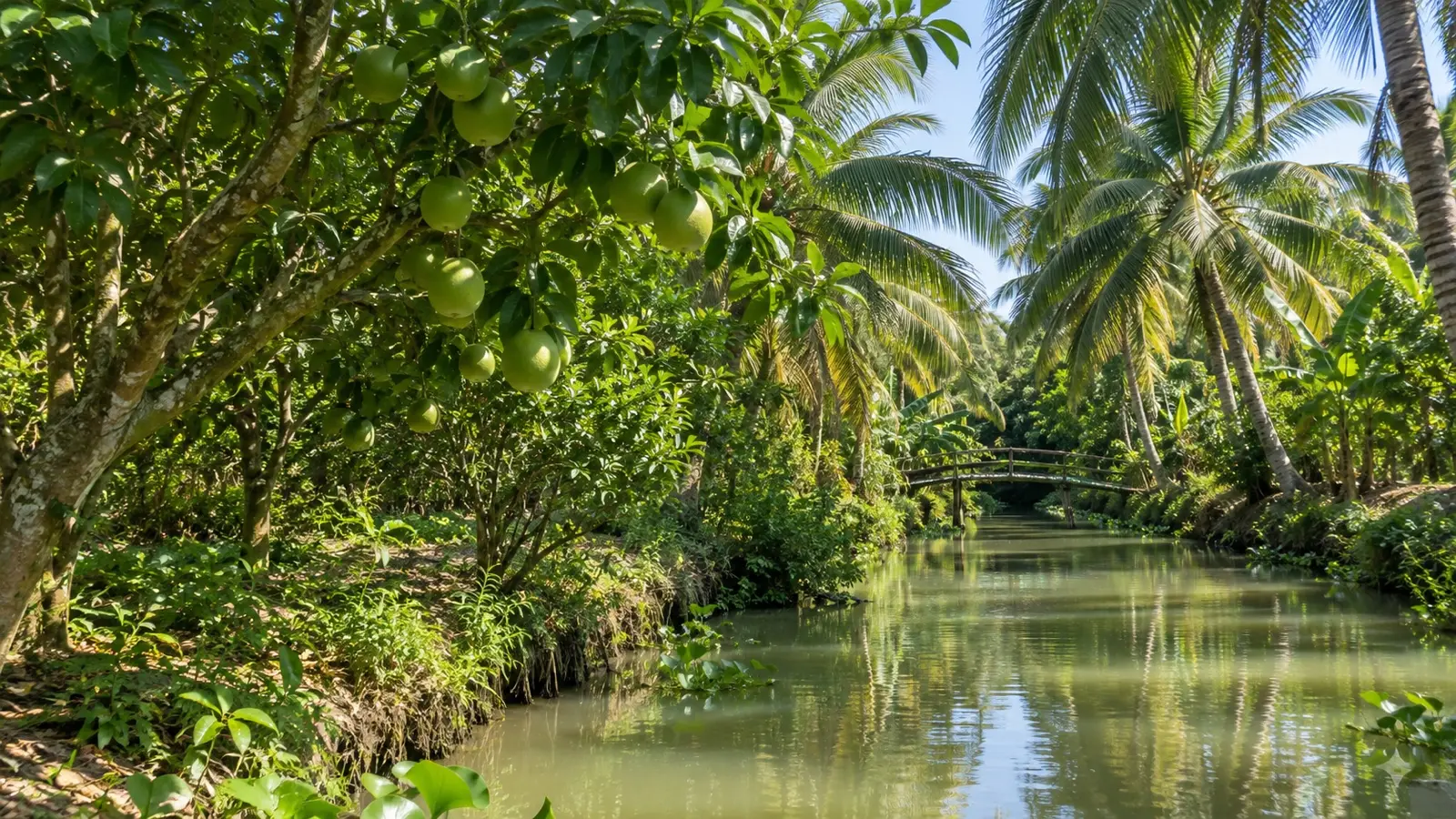 Lush tropical orchard and canal on Thoi Son island in the Mekong Delta