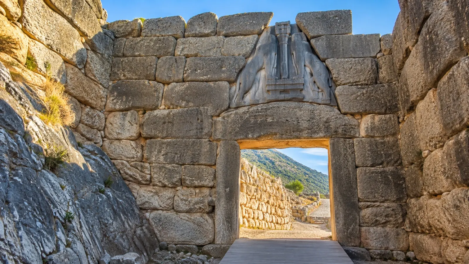 Ancient Lion Gate and stone walls at Mycenae