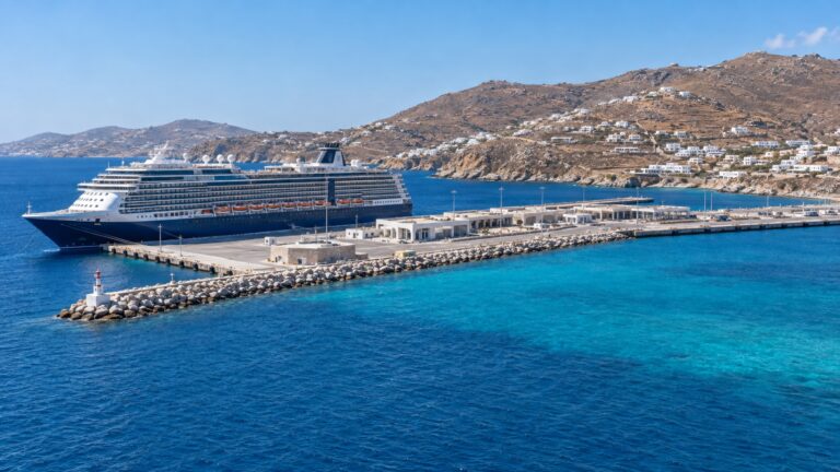 Cruise ship docked at the New Port in Tourlos on Mykonos