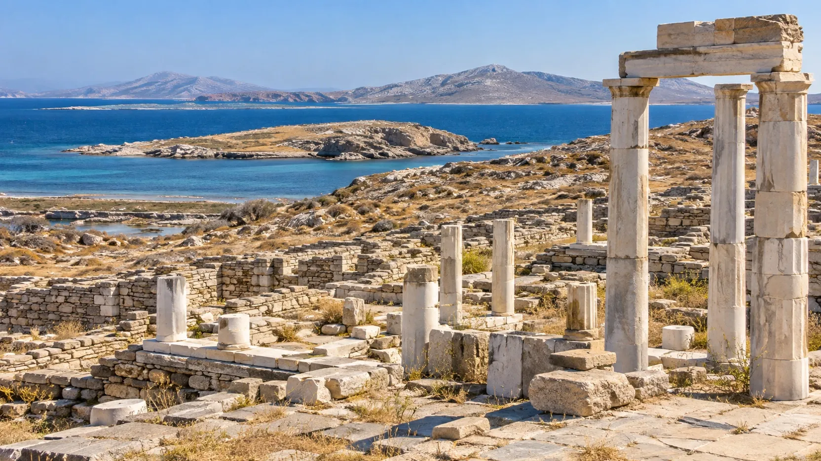 Ancient marble ruins on Delos overlooking the Aegean Sea