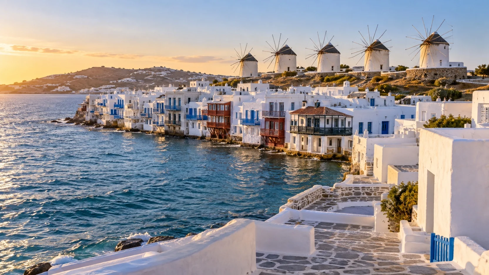 Kato Mili windmills above Little Venice and Mykonos Town