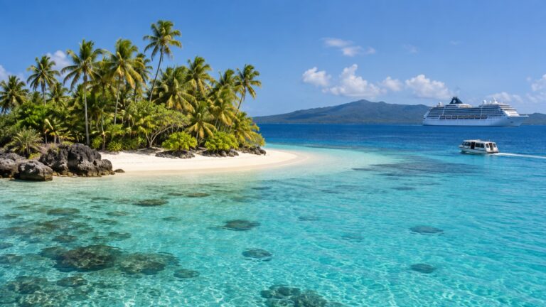 Tender boat approaching Mystery Island from an anchored cruise ship