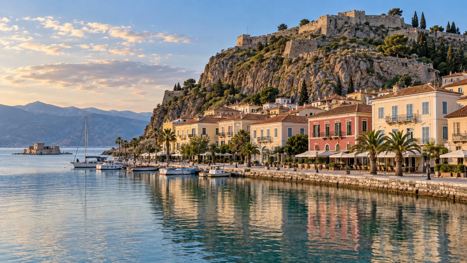 Nafplio waterfront below Akronafplia fort walls