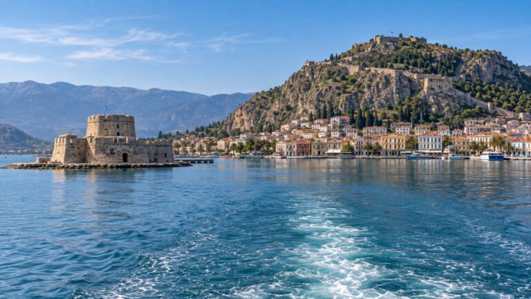Tender boat approaching Nafplio harbor beneath Palamidi Fortress