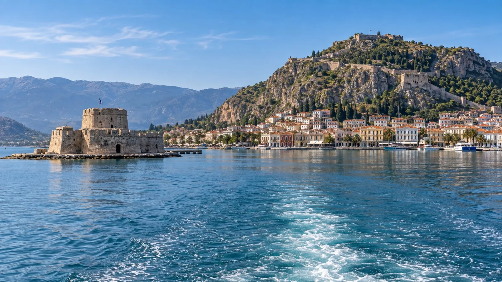 Tender boat approaching Nafplio harbor beneath Palamidi Fortress