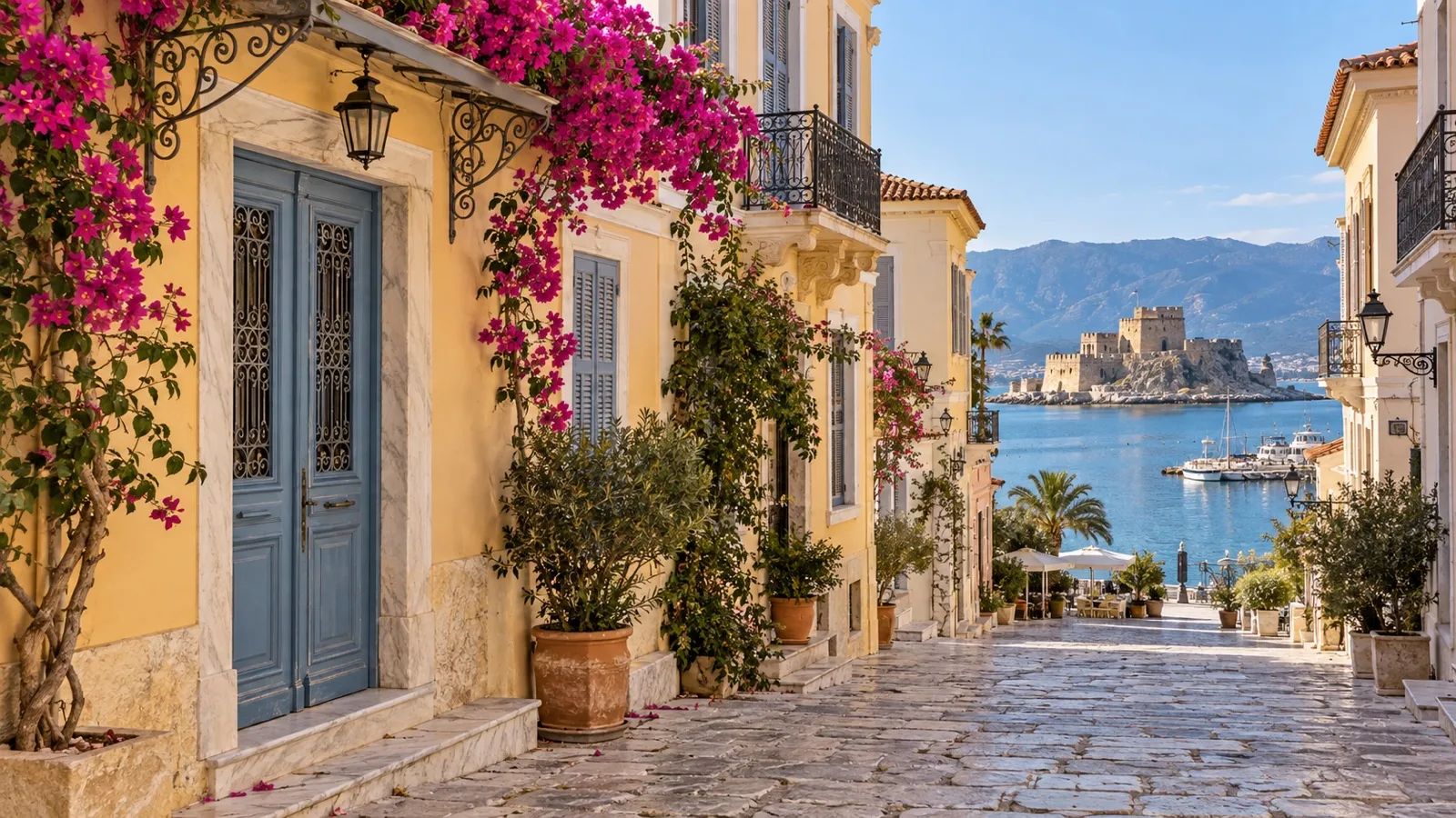 Neoclassical buildings along a quiet Nafplio old town lane