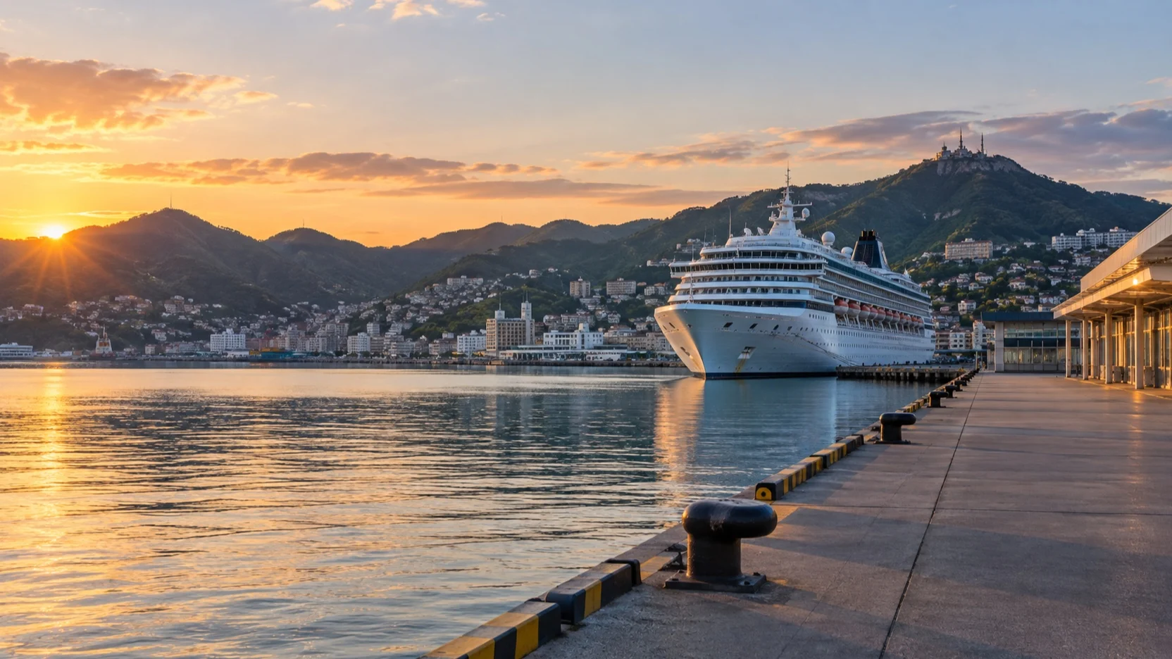 Cruise ship in Nagasaki's mountain harbor on Kyushu