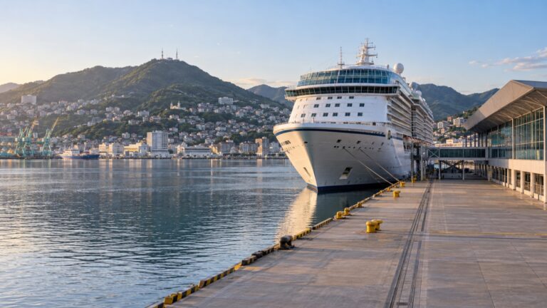 Cruise ship at Nagasaki's Matsugae terminal below the mountain city