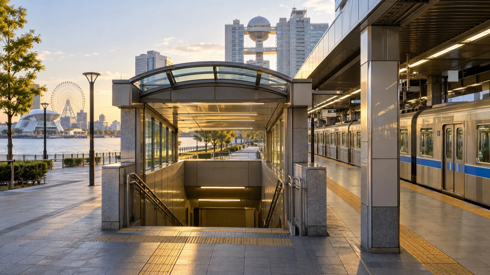 Subway entrance and train near Nagoya's Garden Pier
