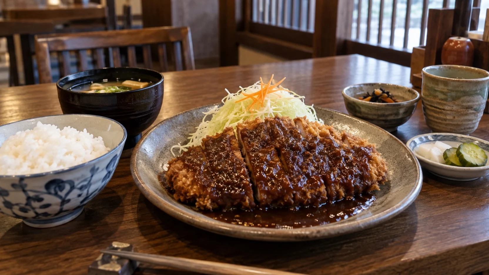 Nagoya miso katsu meal with rice and side dishes