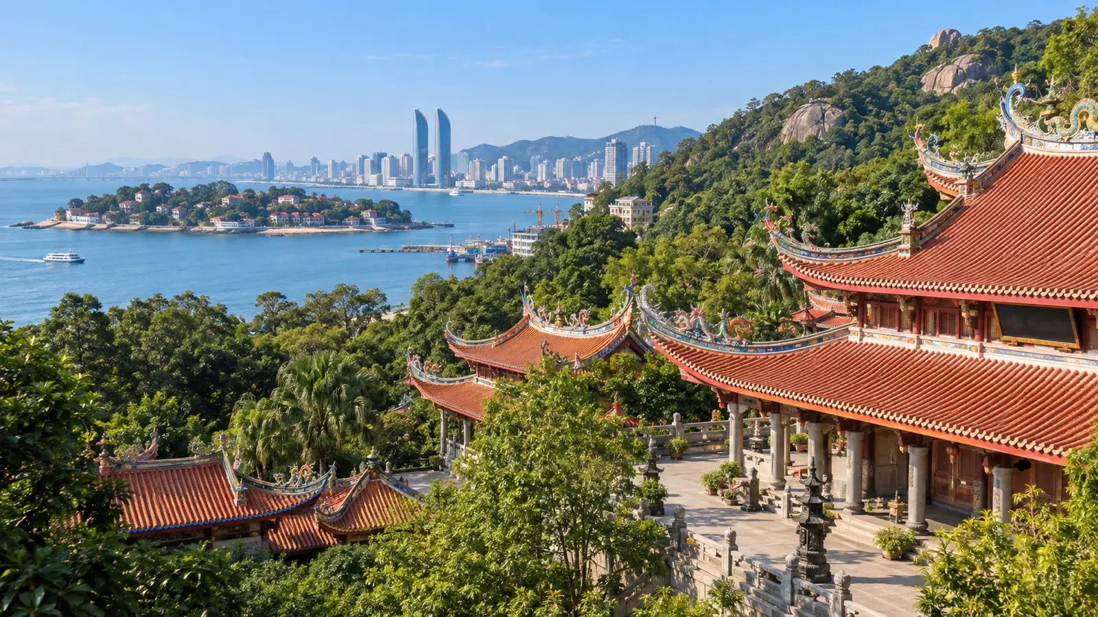 Nanputuo Buddhist Temple halls beneath green hills in Xiamen