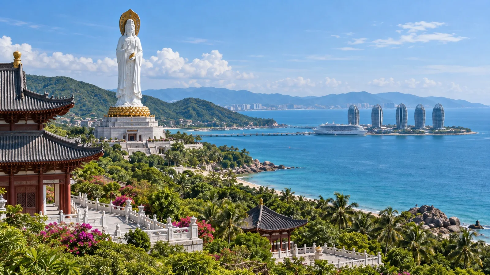 Buddhist temple buildings in Nanshan coastal gardens