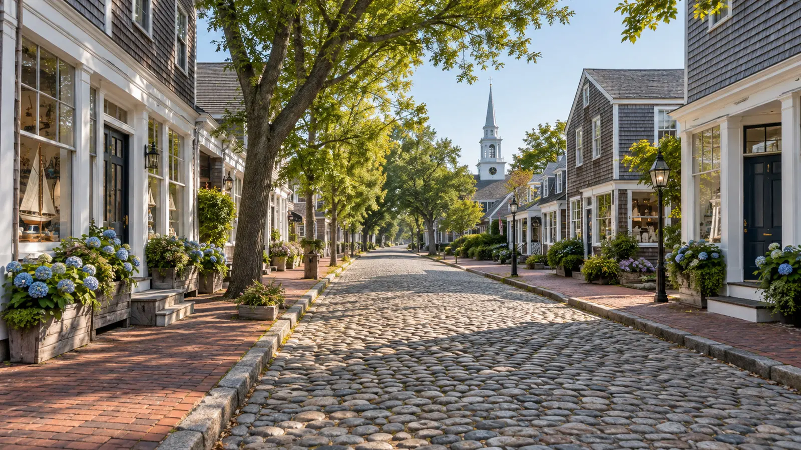 Cobblestone Main Street and historic storefronts in Nantucket