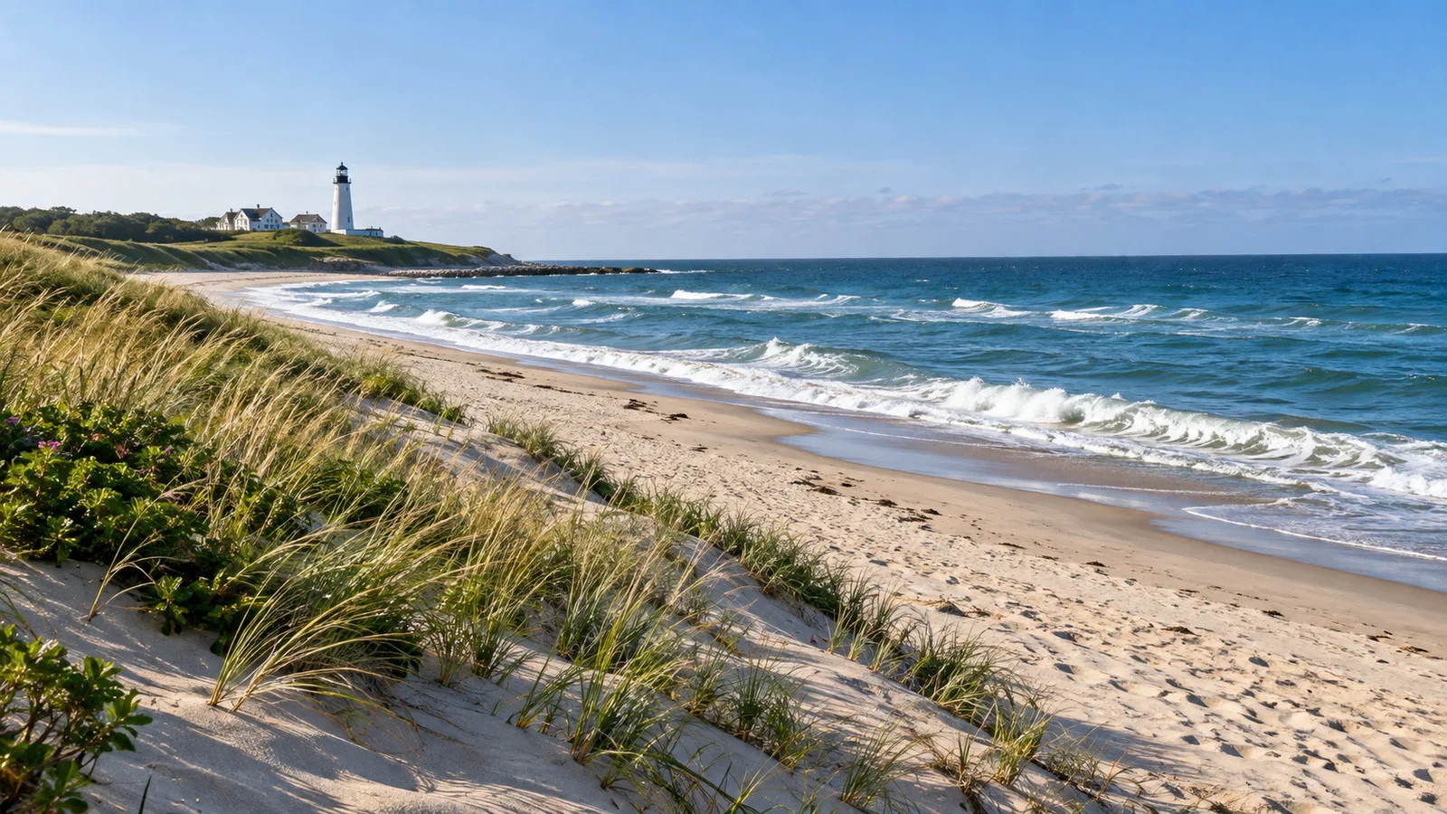Quiet Nantucket beach with dune grass and Atlantic surf