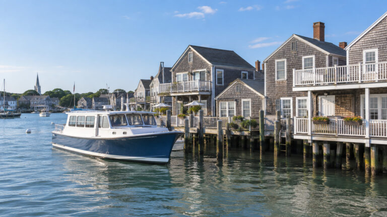 Tender boat in Nantucket Harbor beside waterfront buildings
