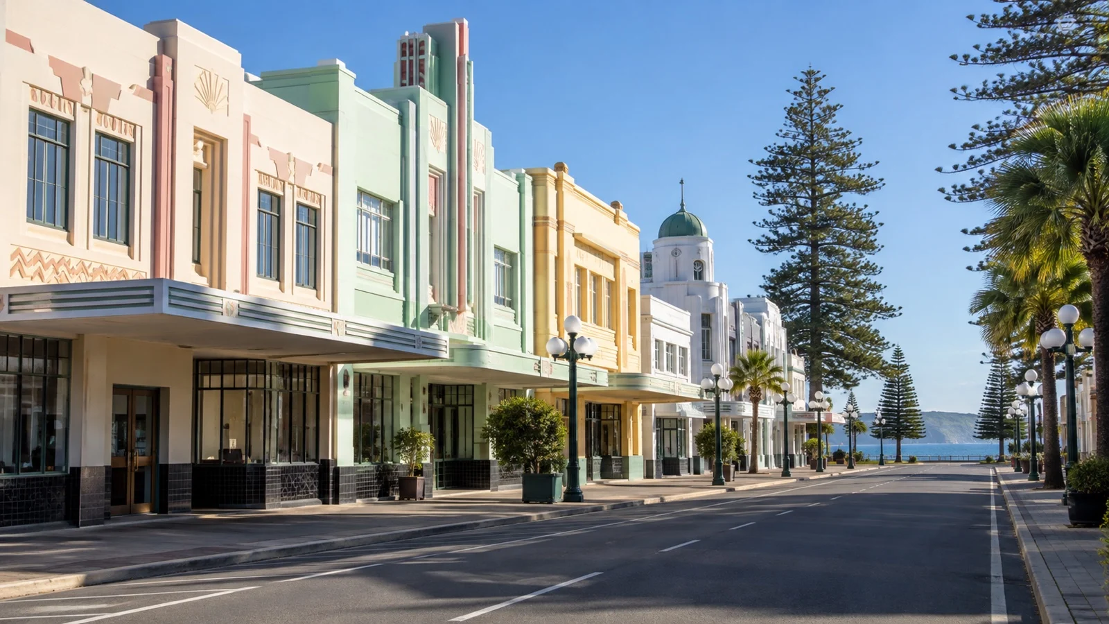 Pastel Art Deco facades along a quiet street in Napier