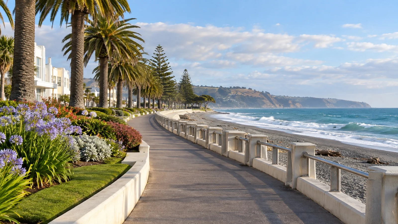 Palm-lined Marine Parade beside the Pacific coast in Napier