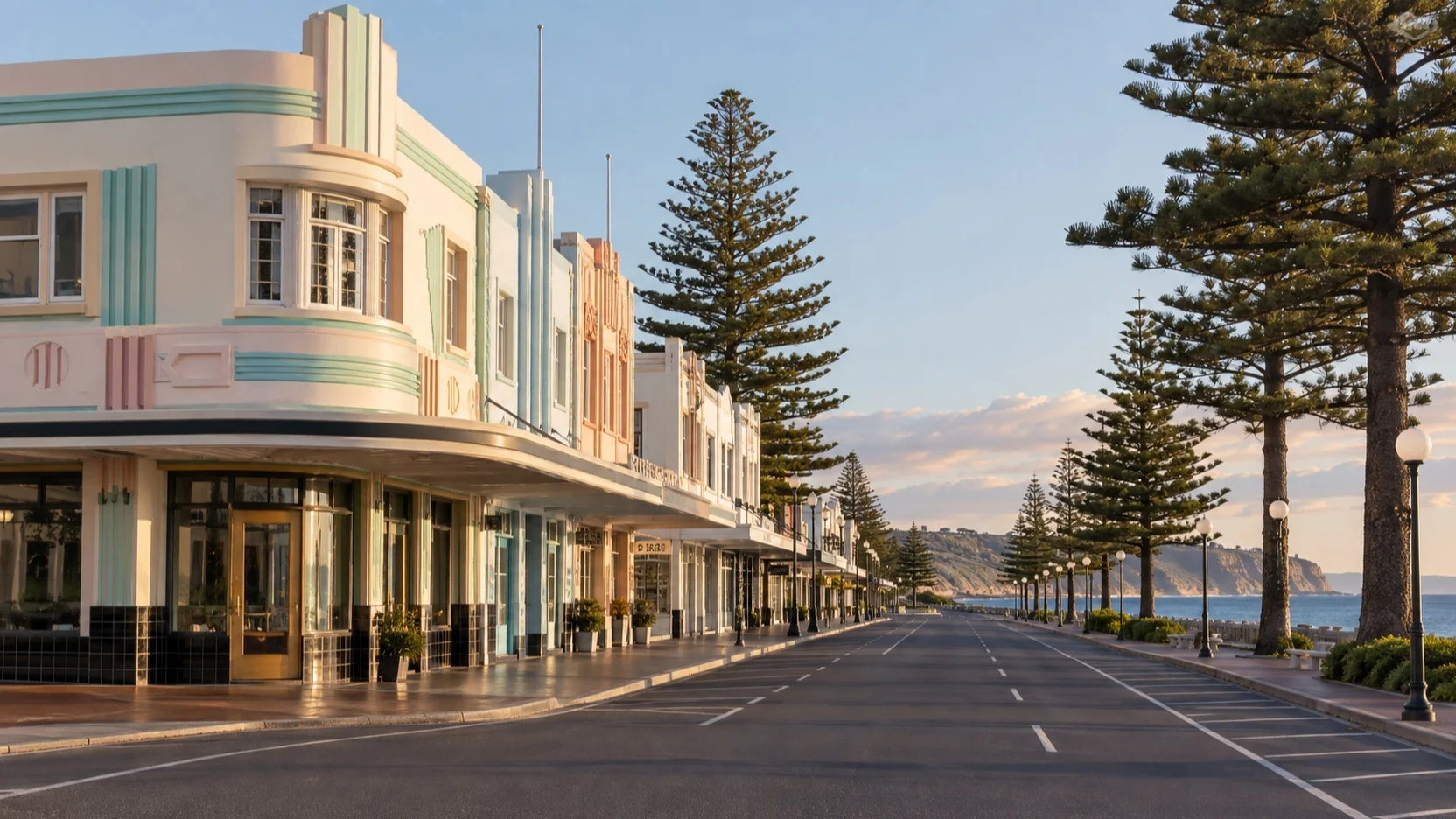 Empty Art Deco street with pastel buildings in Napier