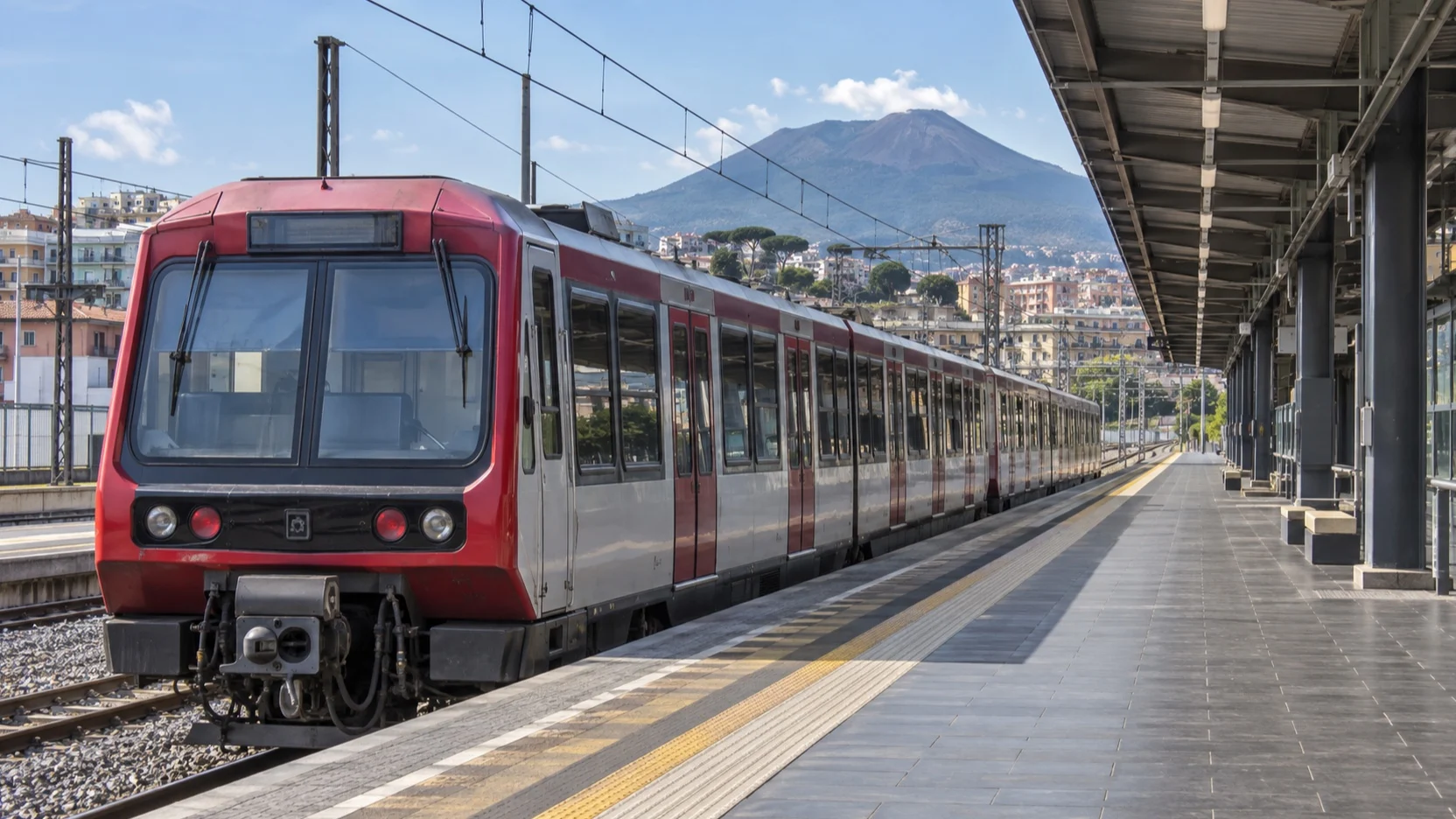 Circumvesuviana train on an empty Naples platform toward Pompeii