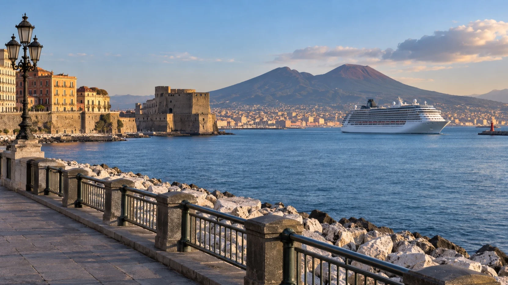 Naples cruise harbor and Mount Vesuvius across the bay