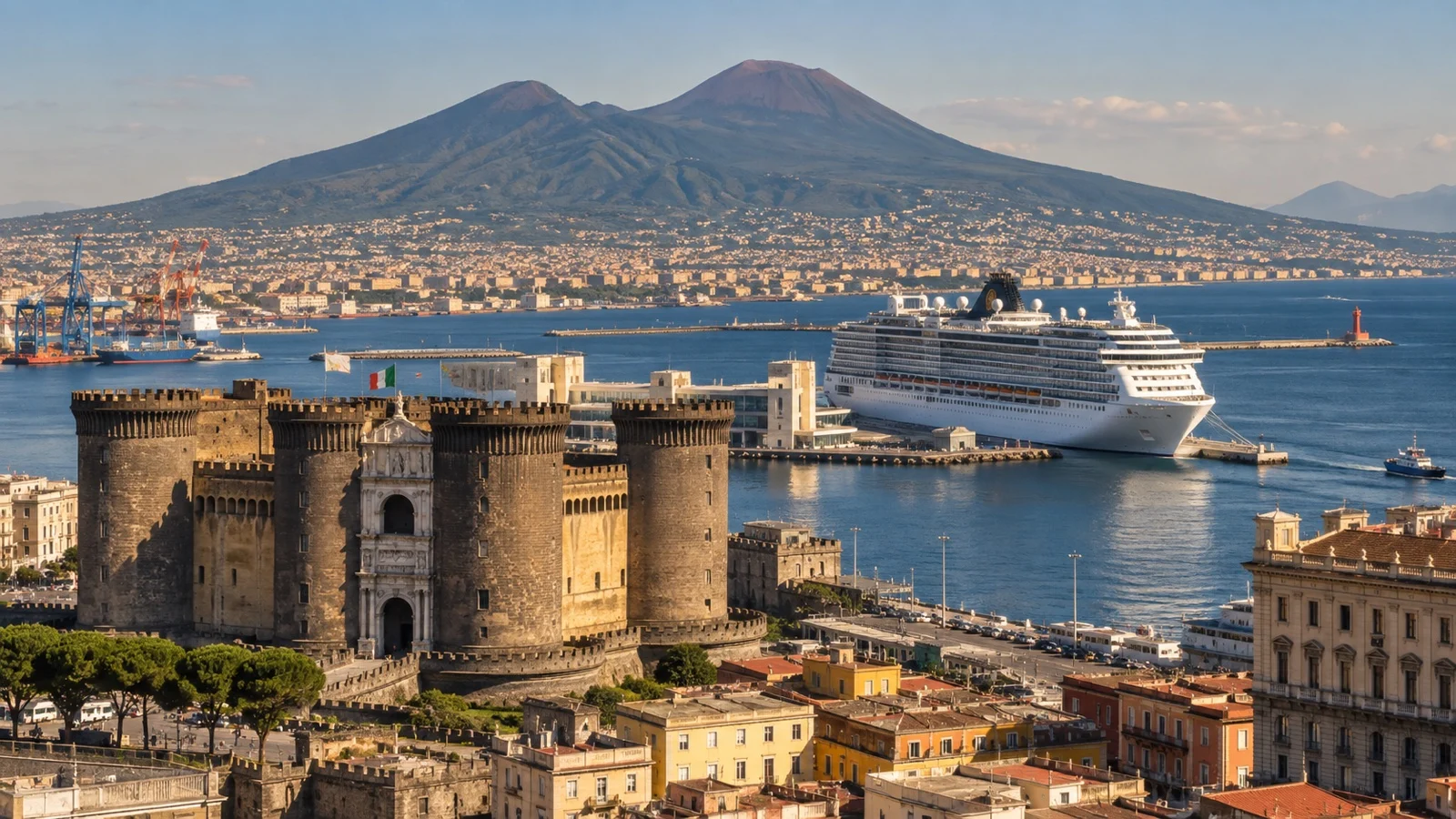 Cruise ship in Naples harbor with Mount Vesuvius beyond the city.