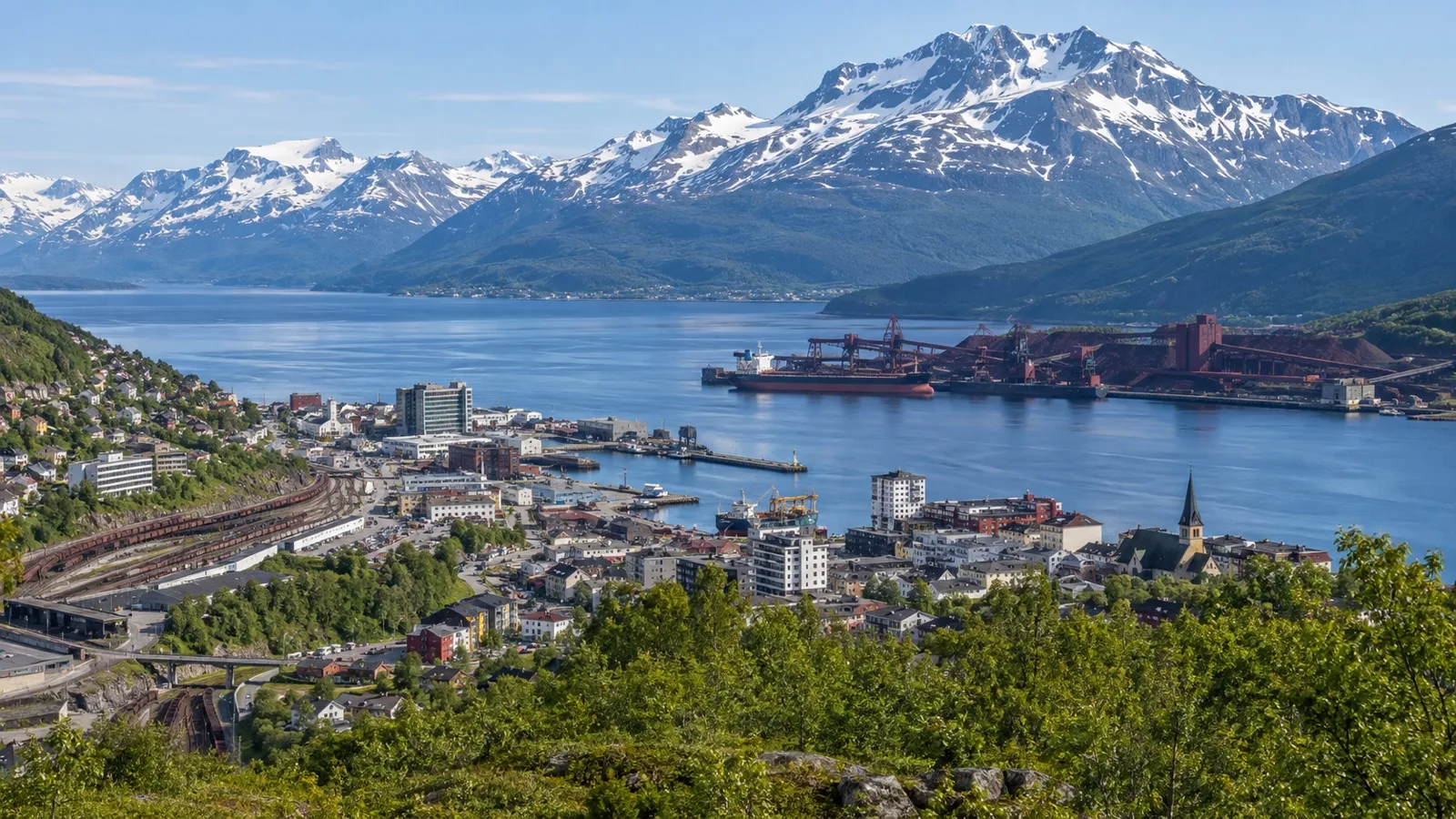 Narvik town and harbor beside Ofotfjord and steep mountains