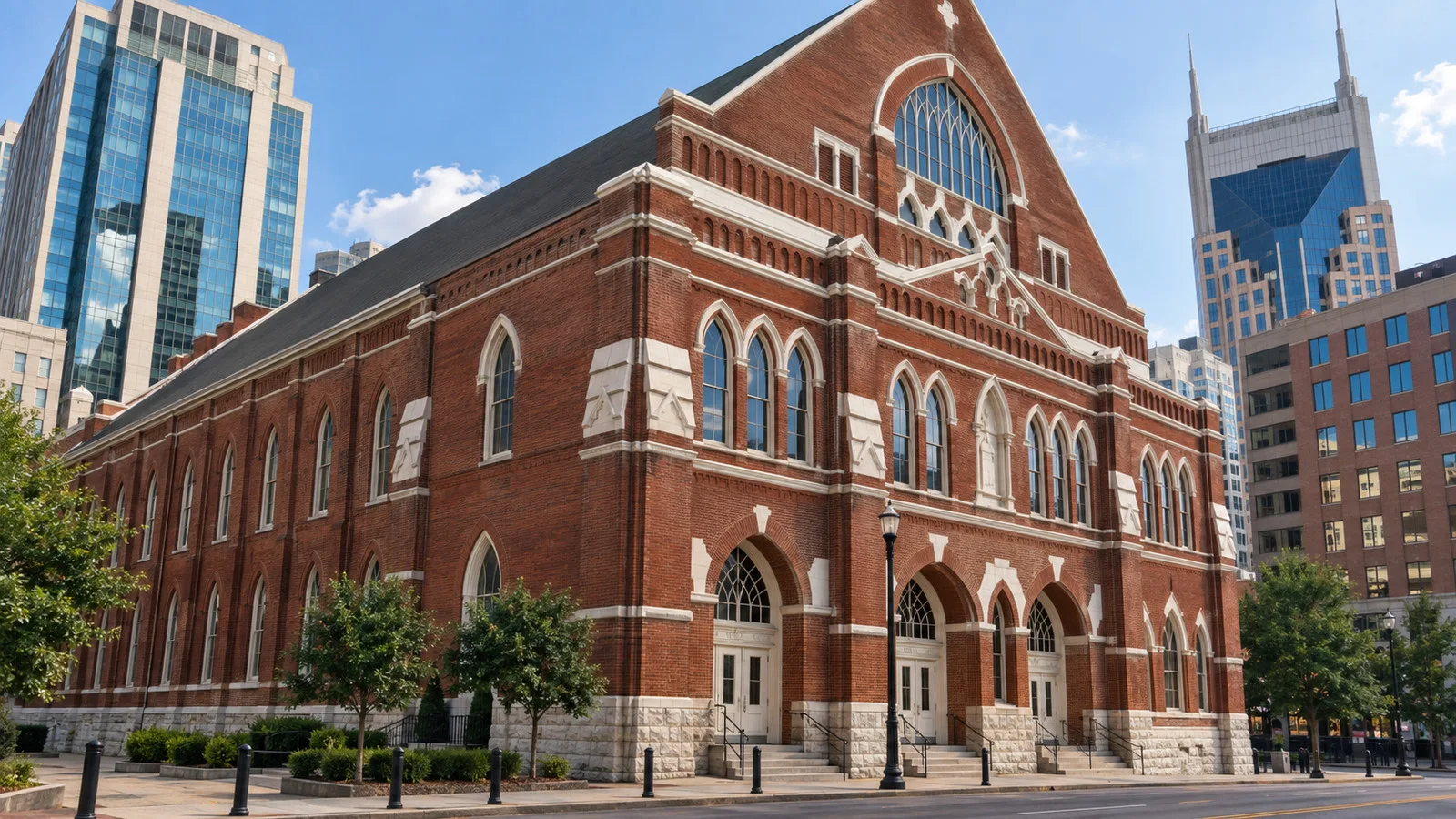 Historic red brick Ryman Auditorium exterior in downtown Nashville