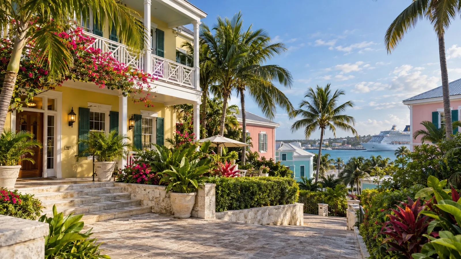 Small independent island hotel among colorful Bahamian buildings and tropical gardens on New Providence
