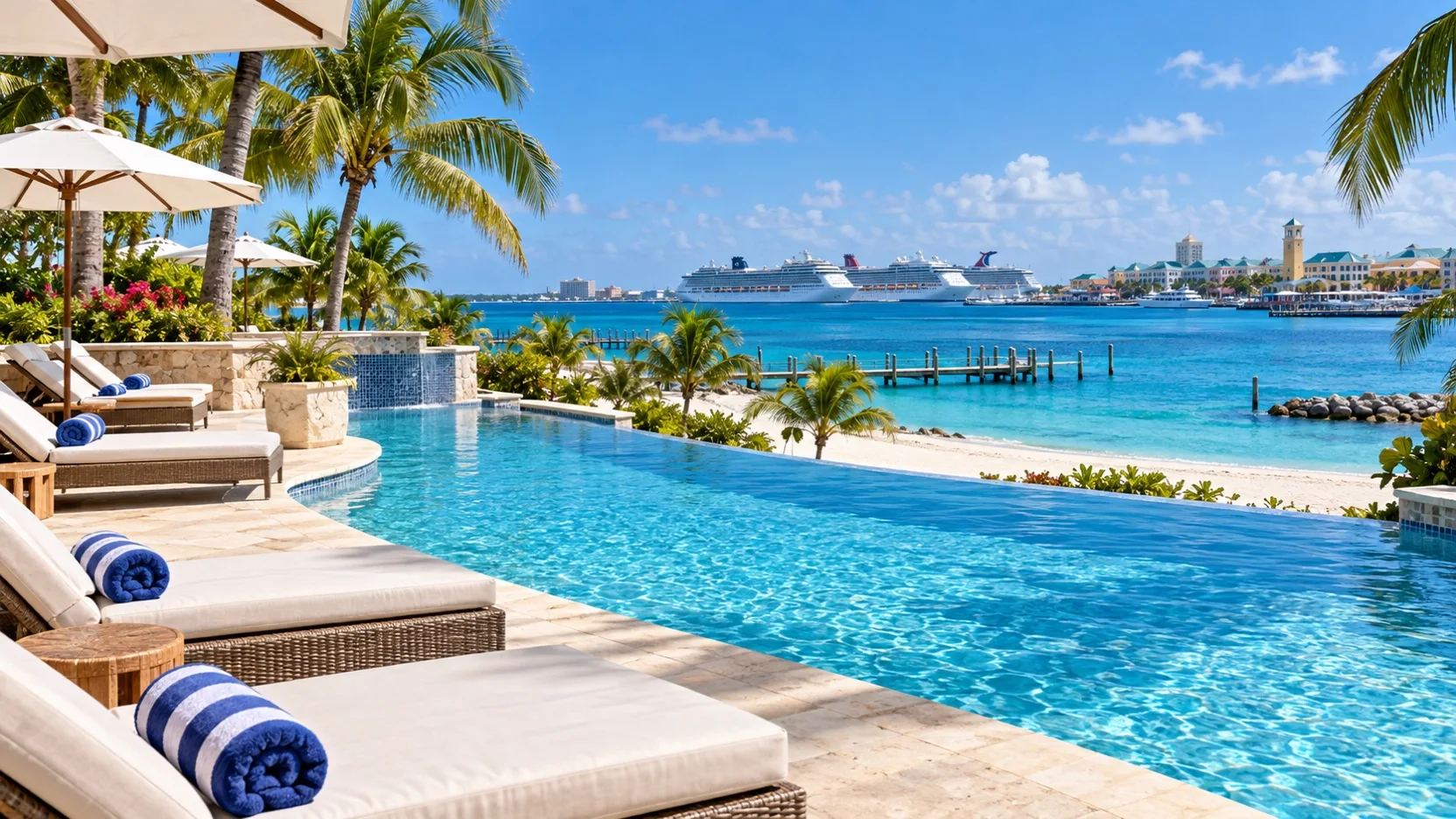 Nassau beachfront resort pool with cruise ships across the harbor