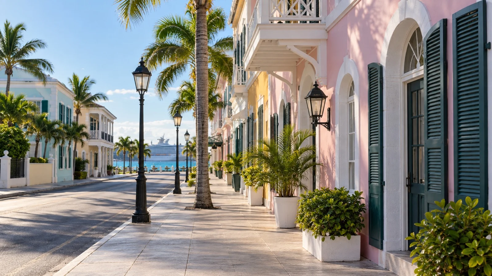 Bay Street in downtown Nassau with pastel colonial hotel facades, palms and a quiet empty sidewalk