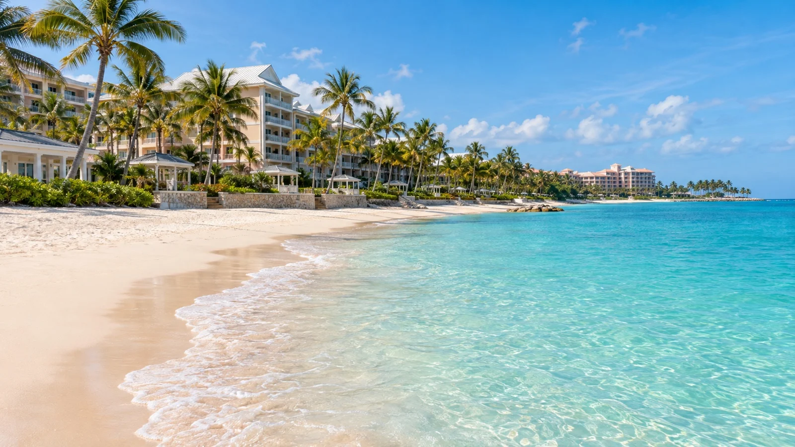 Cable Beach in Nassau with beachfront hotels, palms, pale sand and tranquil turquoise sea