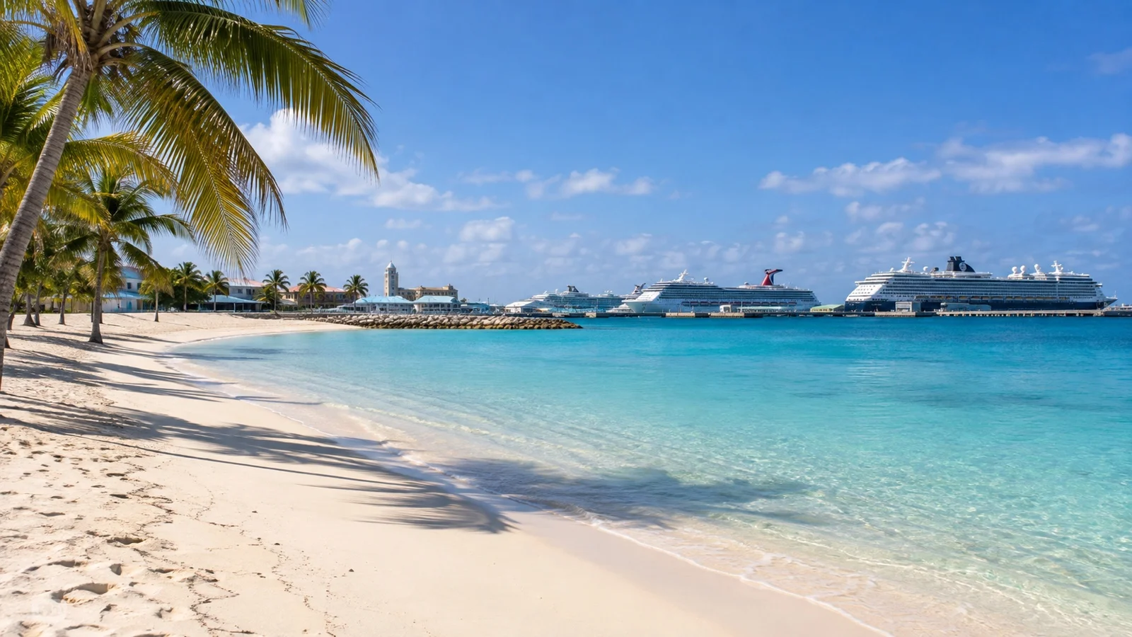 Empty Junkanoo Beach near Nassau cruise port with harbor beyond