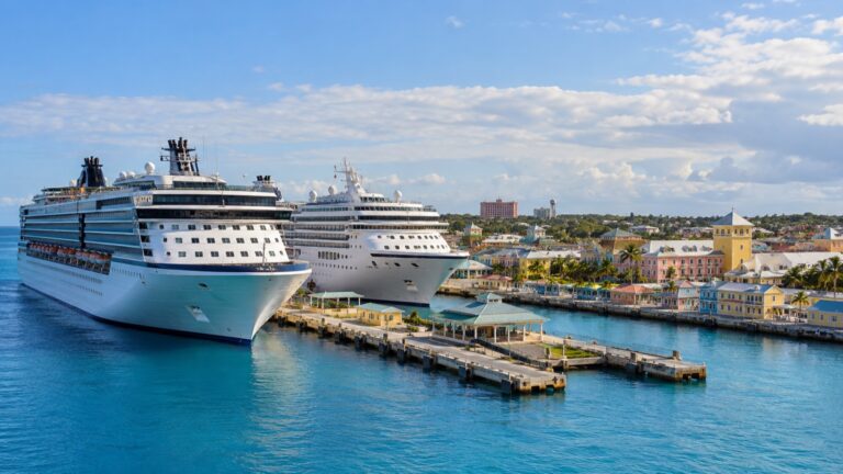 Cruise ships at Nassau’s Prince George Wharf beside downtown