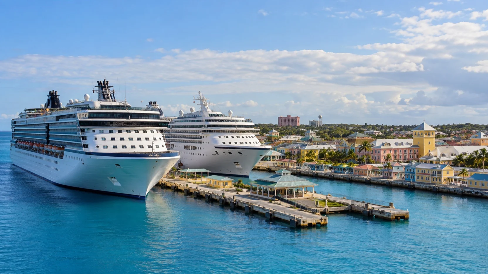 Cruise ships at Nassau’s Prince George Wharf beside downtown