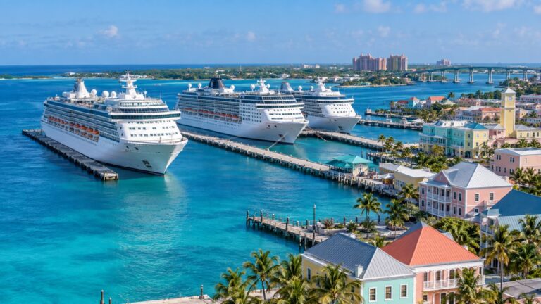 Nassau cruise port piers with white cruise ships docked beside pastel downtown buildings and vivid turquoise water