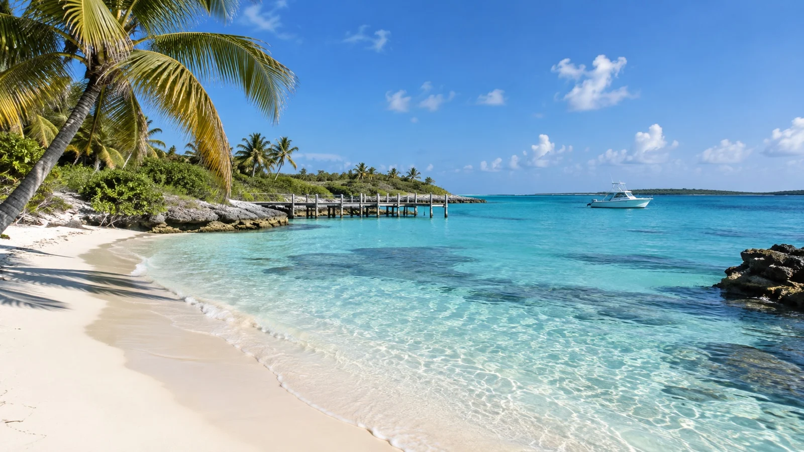 Quiet Nassau cove with pale sand, turquoise water, and a small boat