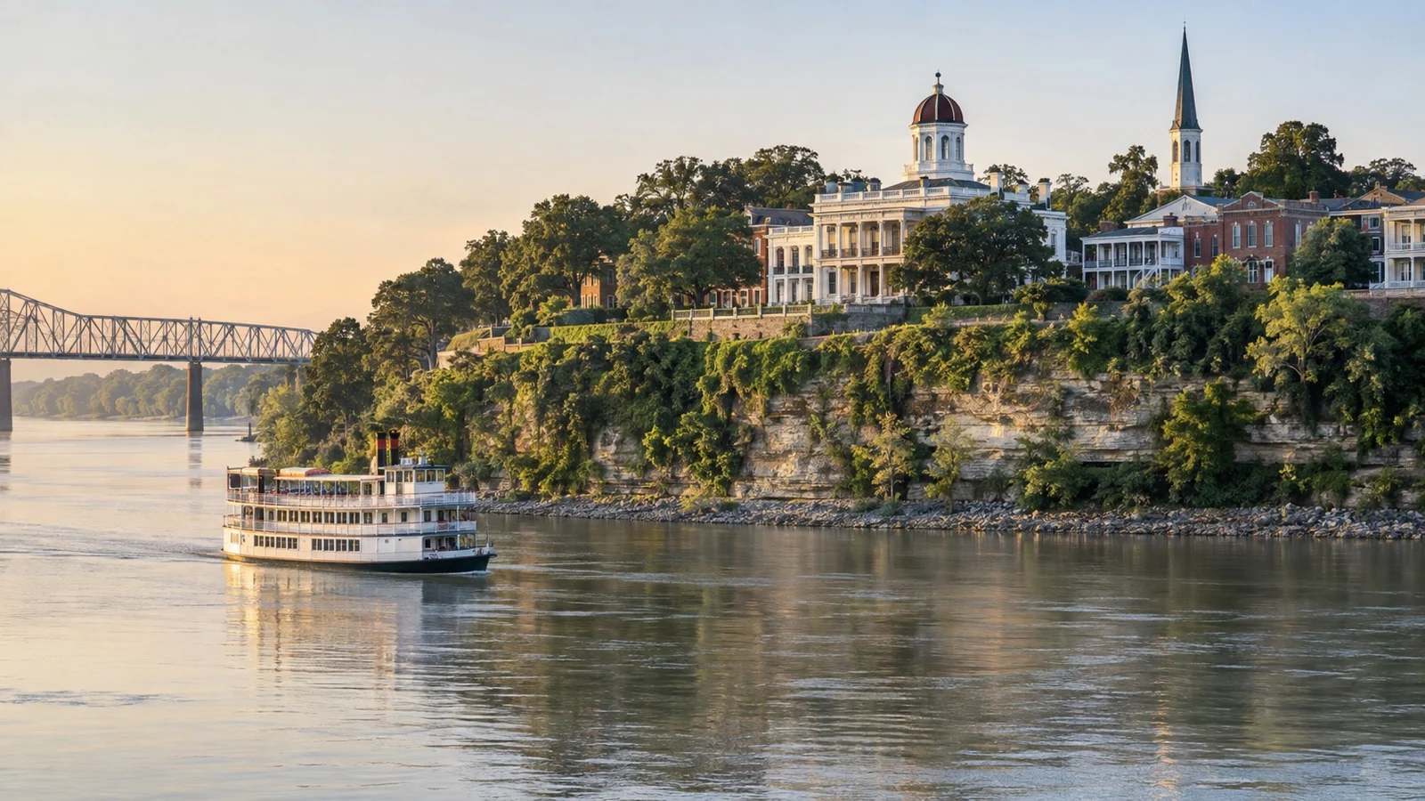 Mississippi riverboat docked at Natchez landing