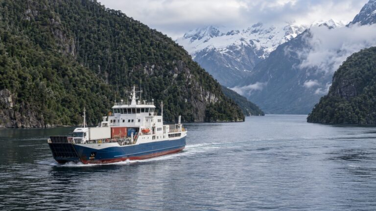 Navimag working ferry in Chilean Patagonian fjord