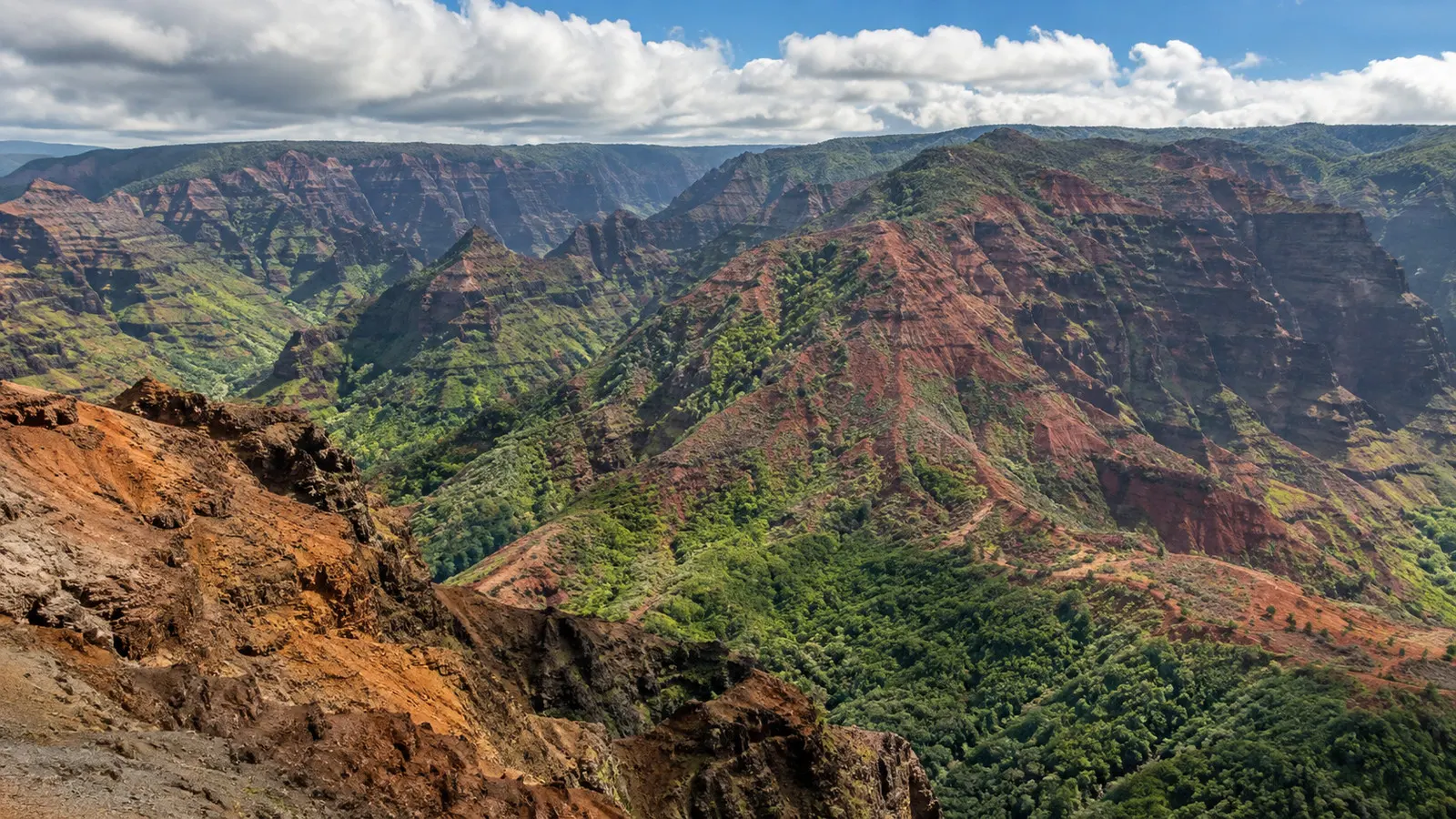 Red cliffs and green valley of Waimea Canyon
