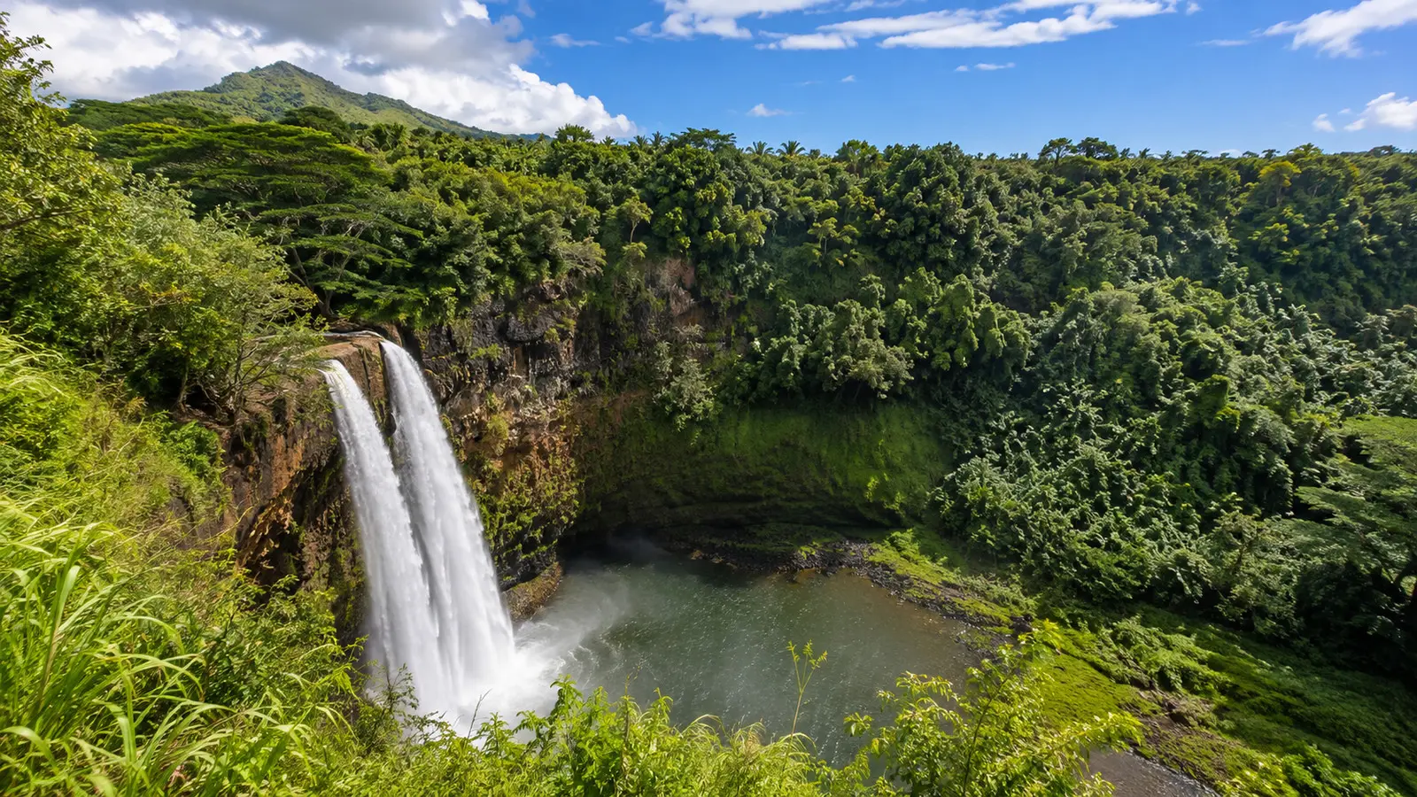 Wailua Falls cascading into a green Kauai valley
