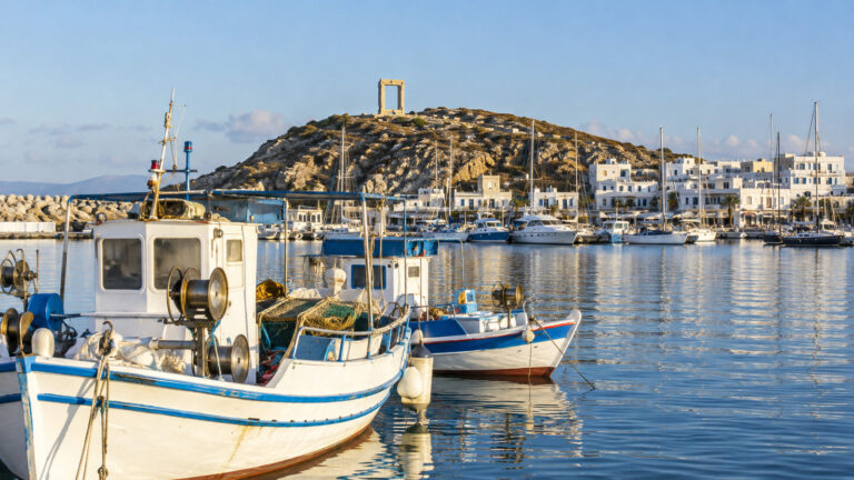 Fishing boats in Naxos harbor with the Portara beyond