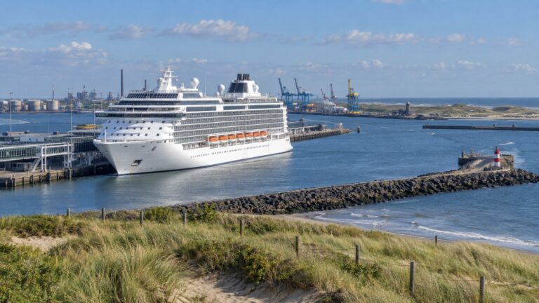 Ocean cruise ship at IJmuiden harbor near Amsterdam with dunes and port cranes