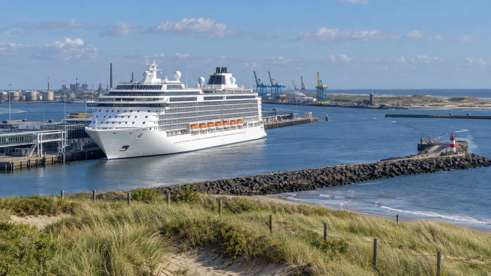 Ocean cruise ship at IJmuiden harbor near Amsterdam with dunes and port cranes