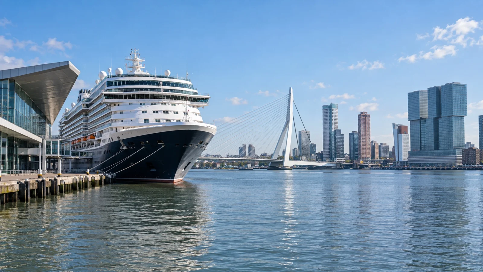 Cruise ship at Rotterdam waterfront near the Erasmus Bridge in the Netherlands